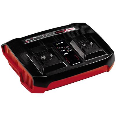 Zweifach-Ladegerät 'Power X-Change' für Lithium-Ionen-Akkus, schwarz-rot. Ladeanzeige mit LEDs und zwei Akkuschächten.
