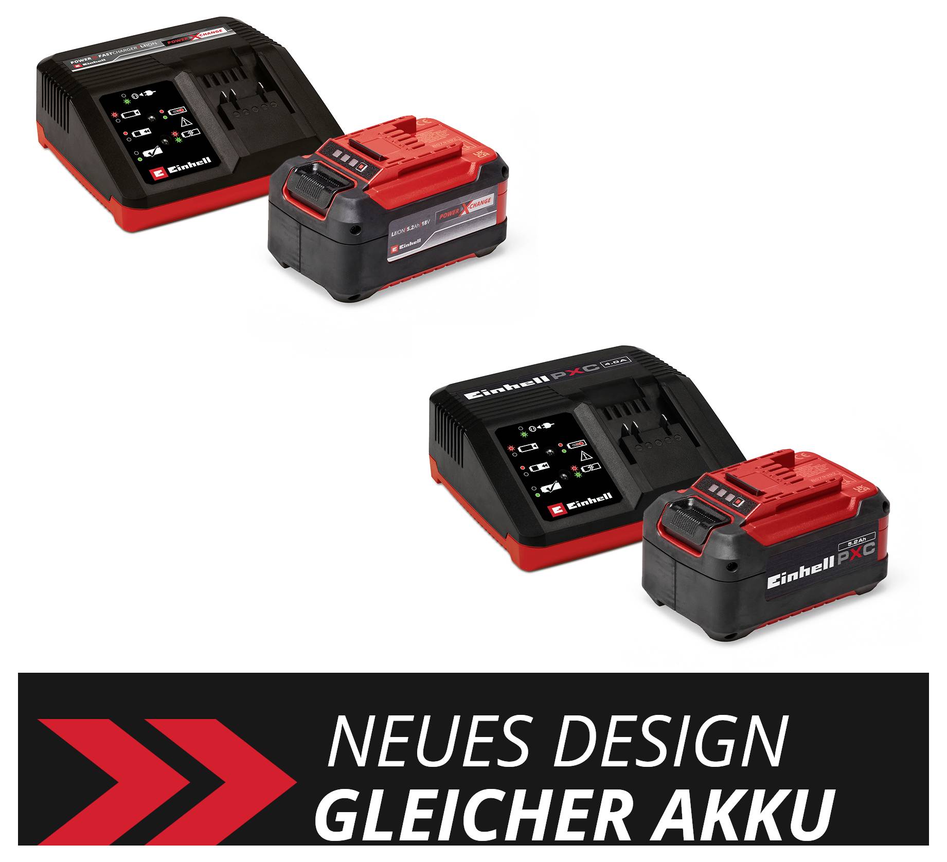 Zwei Einhell Ladegeräte mit Akkus in modernem Design. Unten steht: 'Neues Design, gleicher Akku', roter Hintergrund mit Pfeilen.