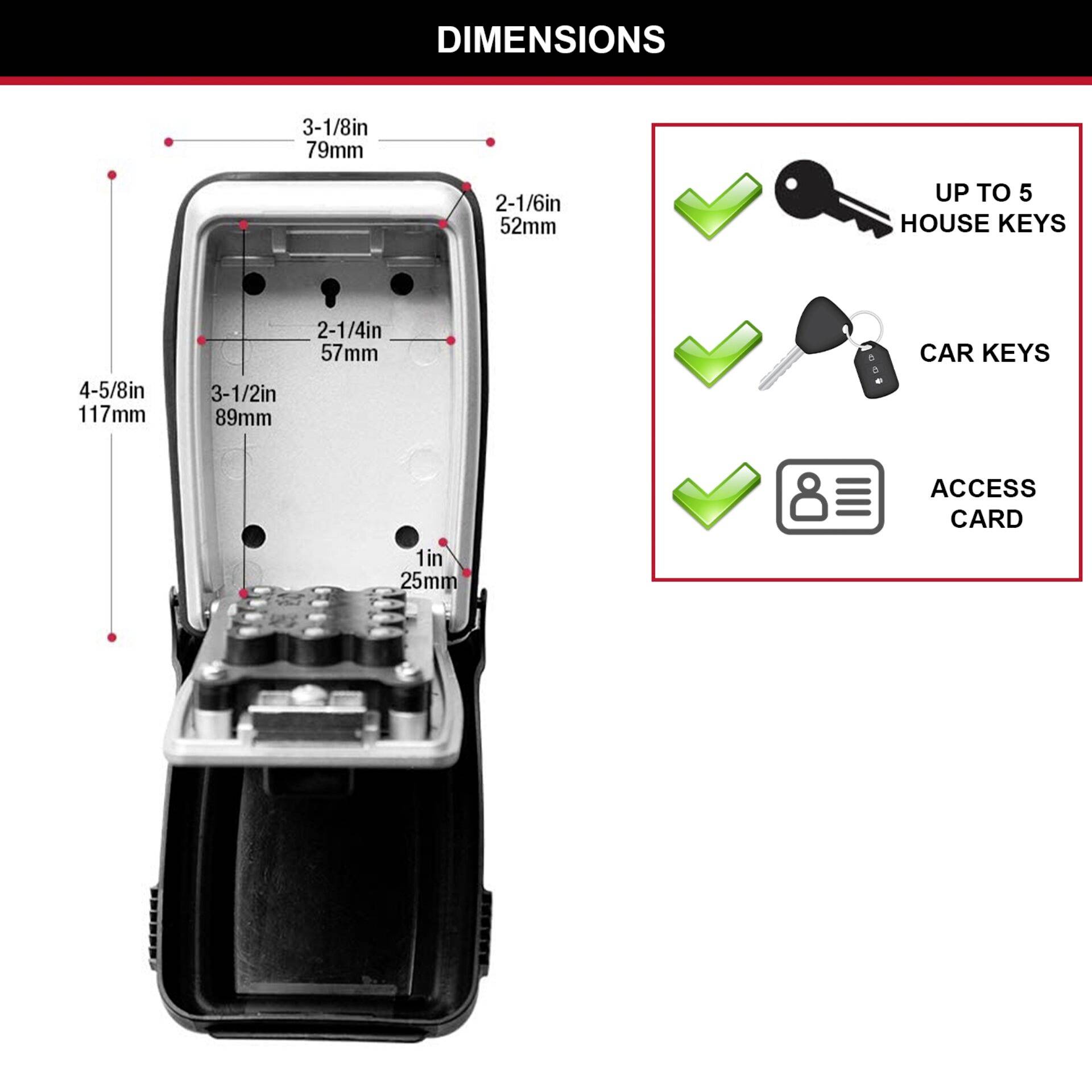 Metallschlüsselkasten mit offenem Schloss in der Mitte. Links Maße: 79 mm Breite, 117 mm Höhe. Rechts Platz für 5 Hausschlüssel, Autoschlüssel und Zugangskarte.