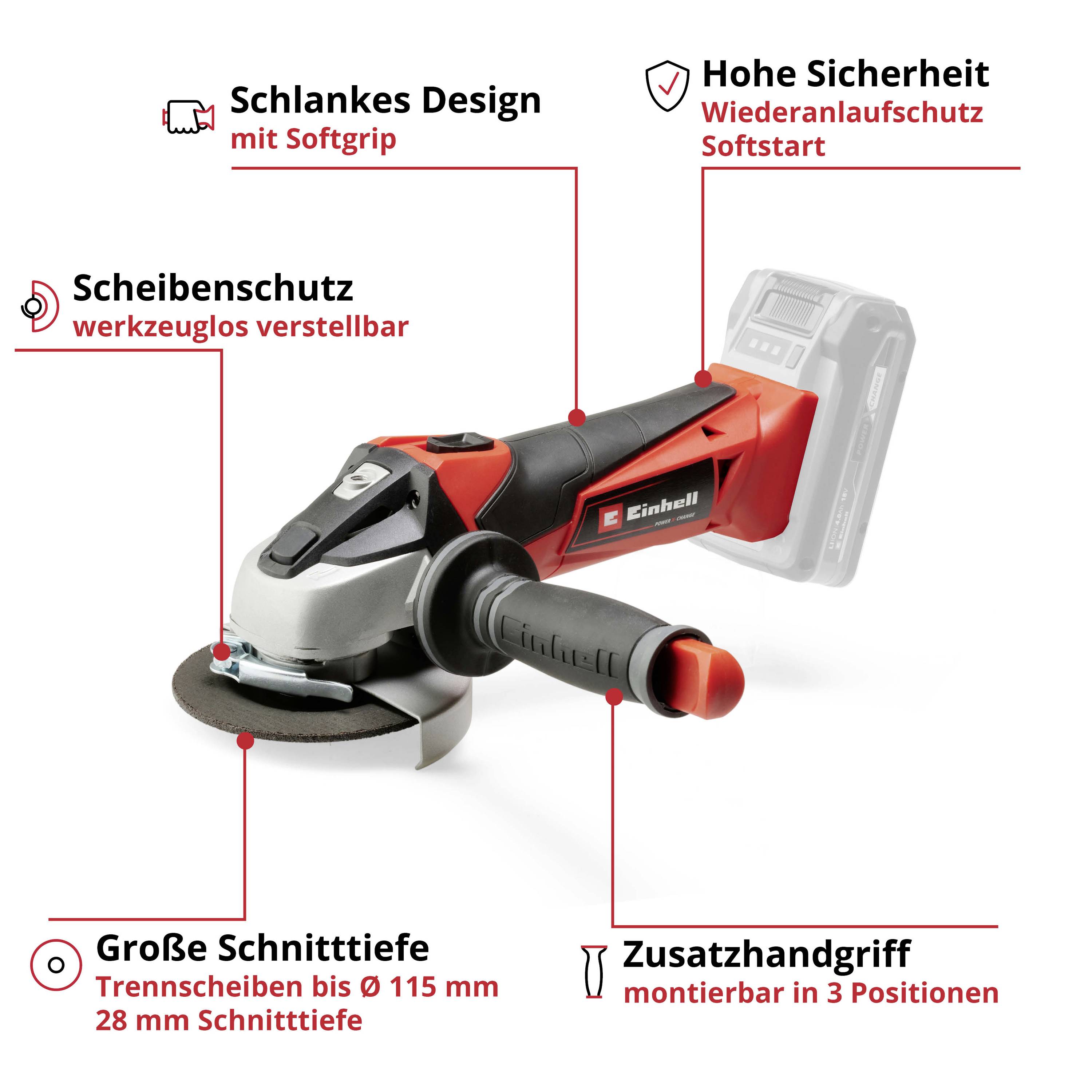 'Akkuschleifer mit schlankem Design, verstellbarem Scheibenschutz, hoher Sicherheit, großer Schnitttiefe und Zusatzhandgriff.'