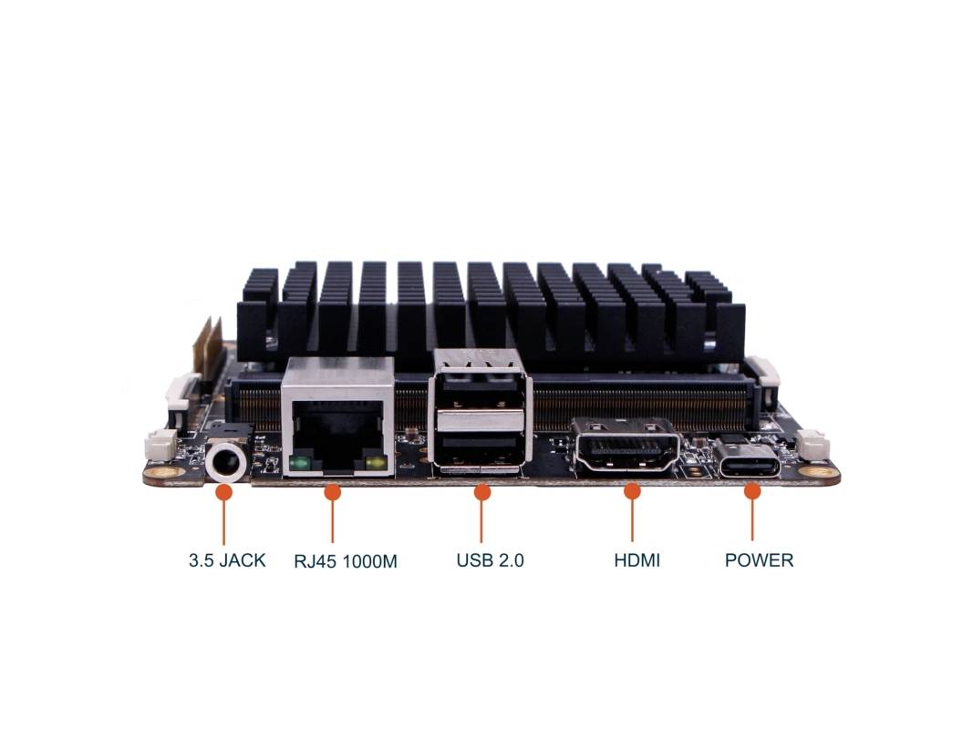 Ein Einplatinencomputer mit Anschlüssen, von links nach rechts: 3,5-mm-Klinke, RJ45 1000M, USB 2.0, HDMI, Stromversorgung.