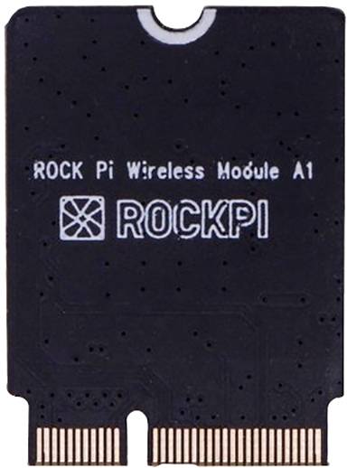 Kleine schwarze Platine mit der Aufschrift 'ROCK Pi Wireless Module A1'. Enthält goldene Kontaktflächen an der Unterseite.