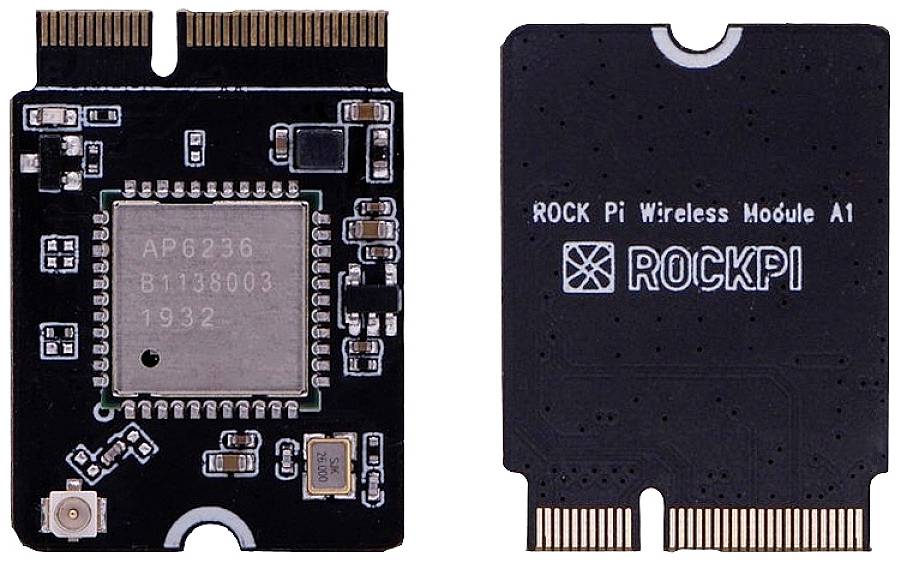 Eine drahtlose Modulkarte mit sichtbaren Schaltkreisen. Nebenansicht zeigt den Aufdruck 'ROCK Pi Wireless Module A1'.
