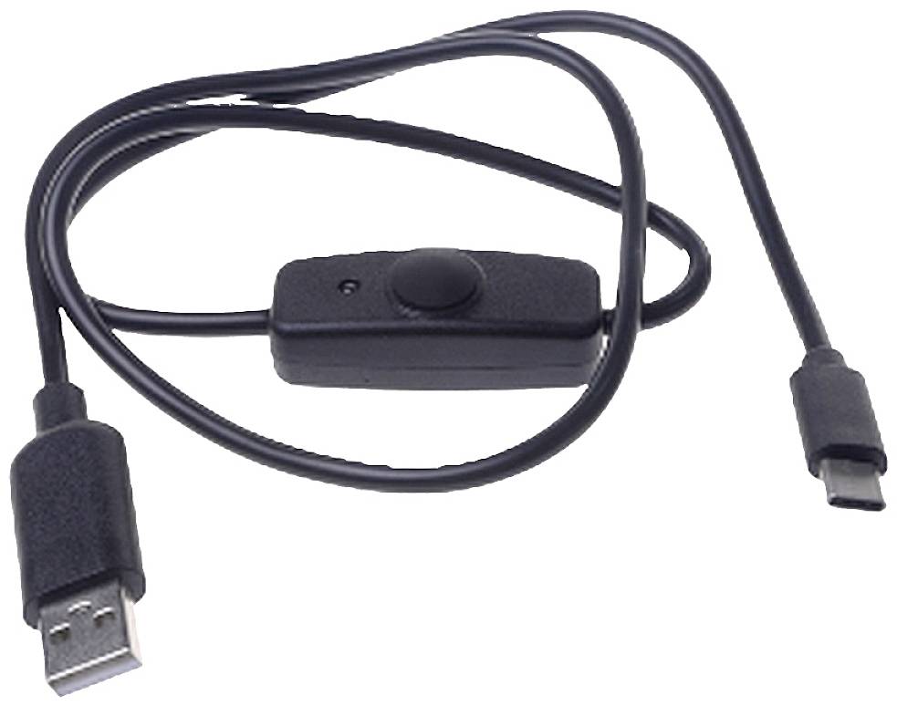 'Schwarzes USB-Kabel mit EIN/AUS-Schalter und zwei Anschlüssen: USB-A und USB-C.'