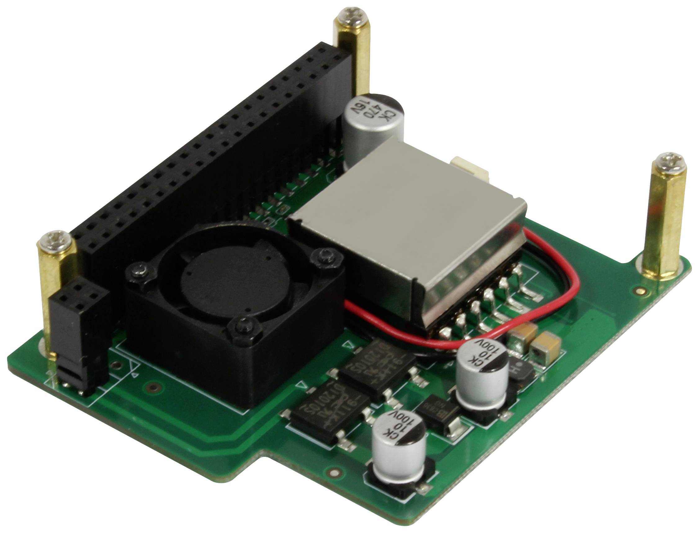 Ein grünes Elektronikmodul mit Lüfter, Kondensatoren und Verbindungen auf einer Platine, verwendet zur Kühlung von Komponenten.