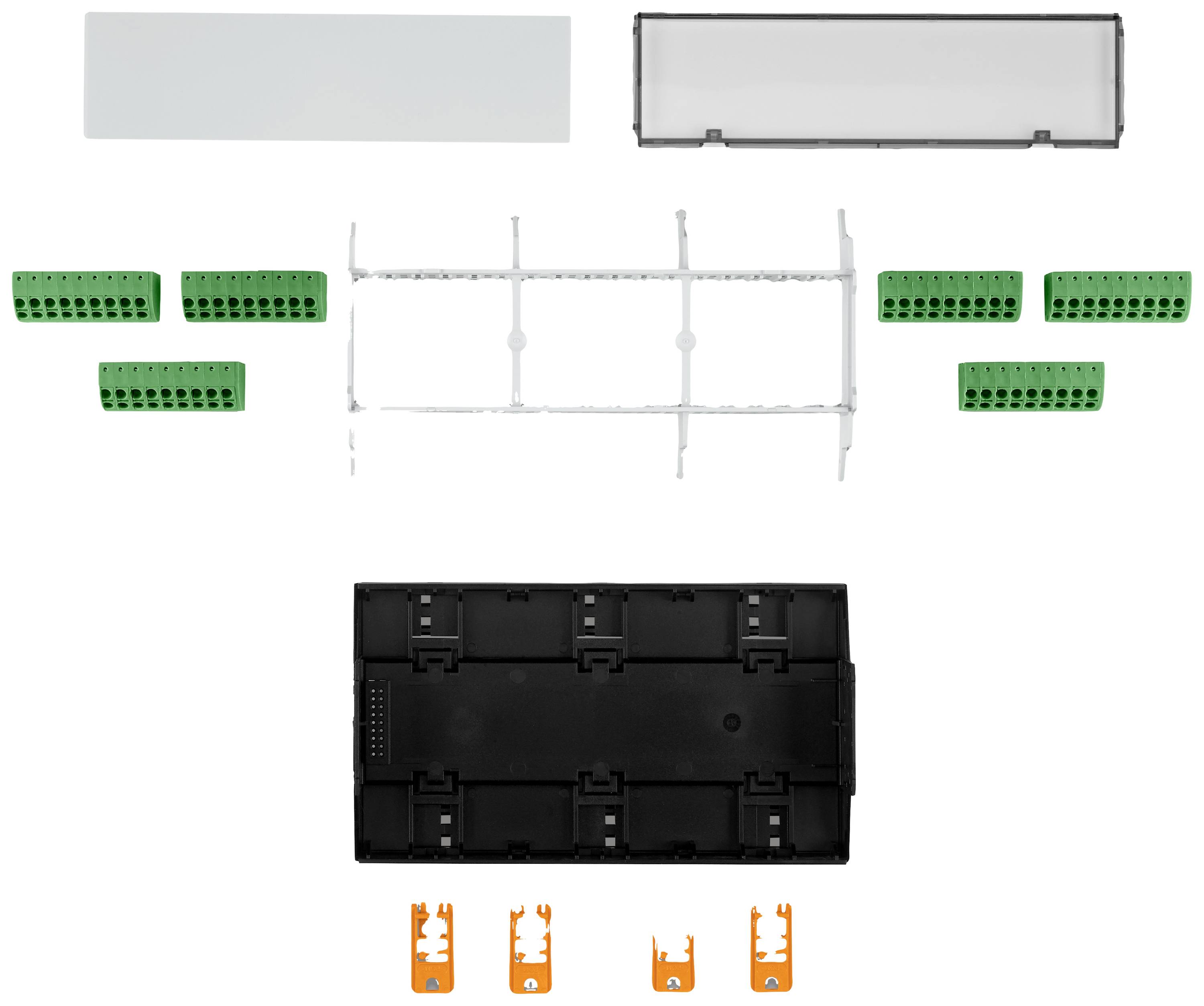 Einbaugehäuse-Komponenten: schwarze Basis, weiße Abdeckung, Metallrahmen, acht grüne Steckverbinder, drei orangefarbene Clips.