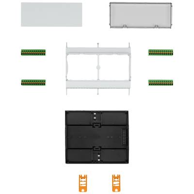Geöffnete Schalttafel mit verschiedenen Kabelverbindungen, Halterungen und Abdeckungen, zeigt eine Bauanleitung oder Teileübersicht.