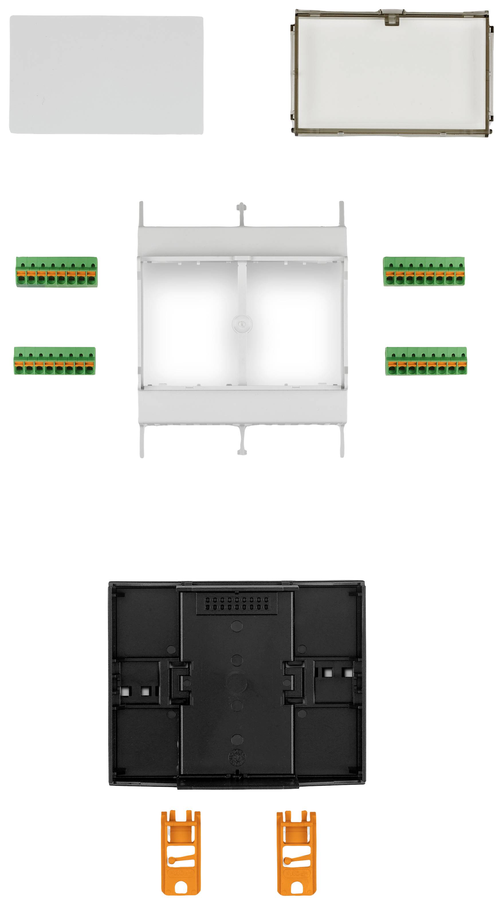 Bild zeigt zerlegte Teile eines elektrischen Geräts: Abdeckung, Gehäuse, Platinen und Anschlüsse, die einzeln angeordnet sind.