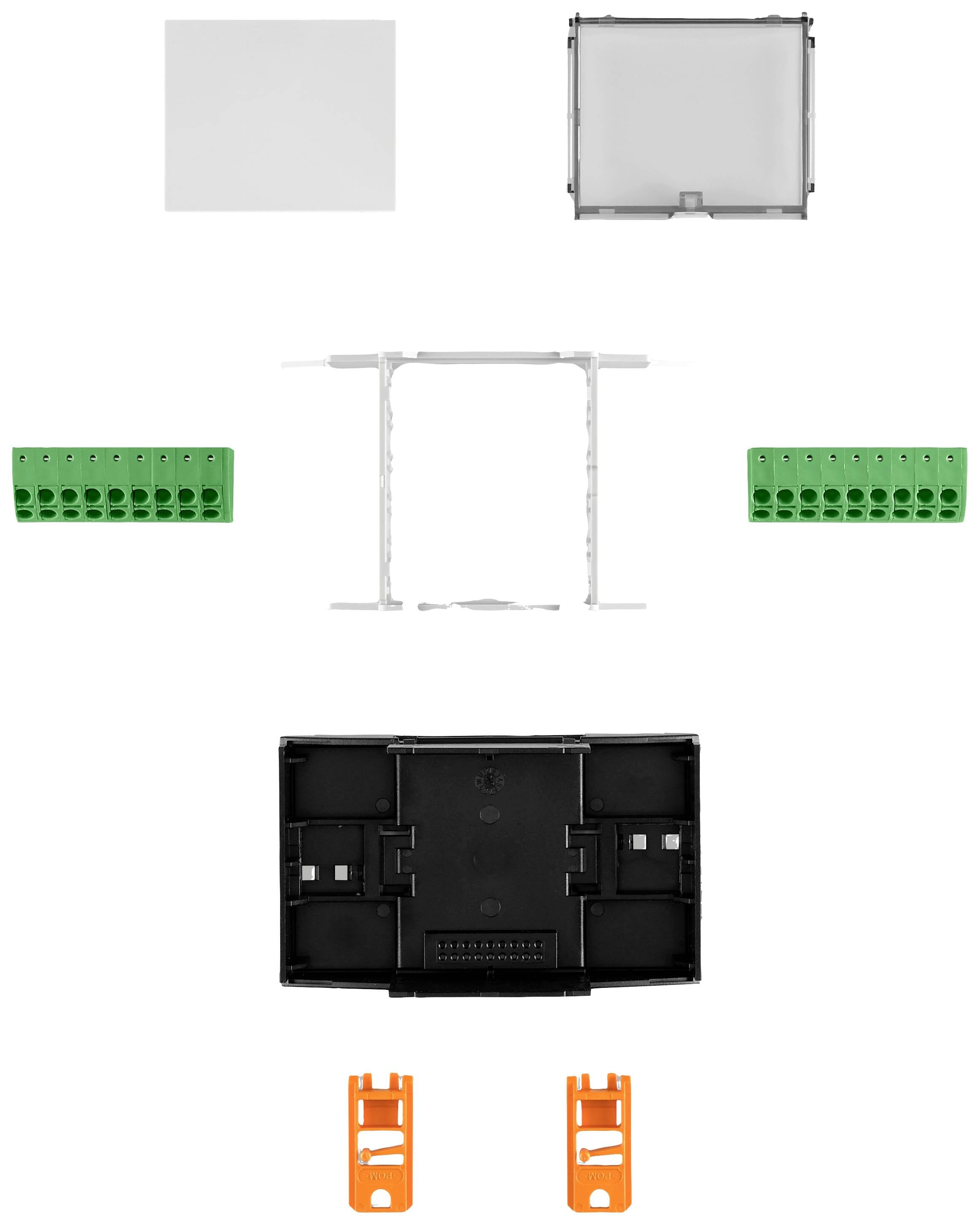 Einzelteile eines elektrischen Steckverbindersets, bestehend aus Plastikgehäuse, Metallhalterung und grünen Anschlussmodulen.
