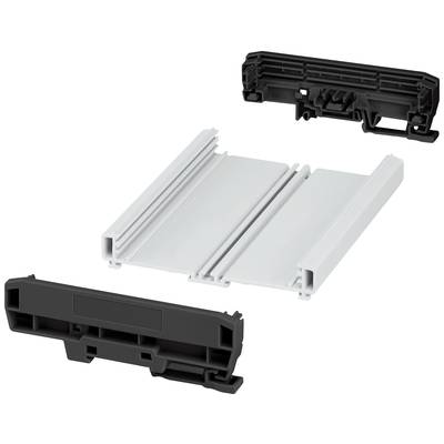 Ein auseinandergebautes Verbundelement mit zwei schwarzen Endstücken und einem zentralen weißen Teil für mechanische Anwendungen.