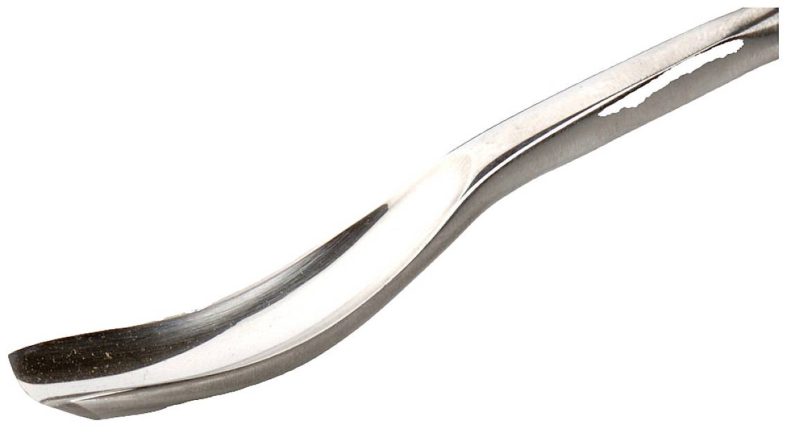 Eine gewölbte, metallische Hacke mit scharfer Kante, wahrscheinlich ein Gartenwerkzeug für Bodenbearbeitung oder Unkrautentfernung.