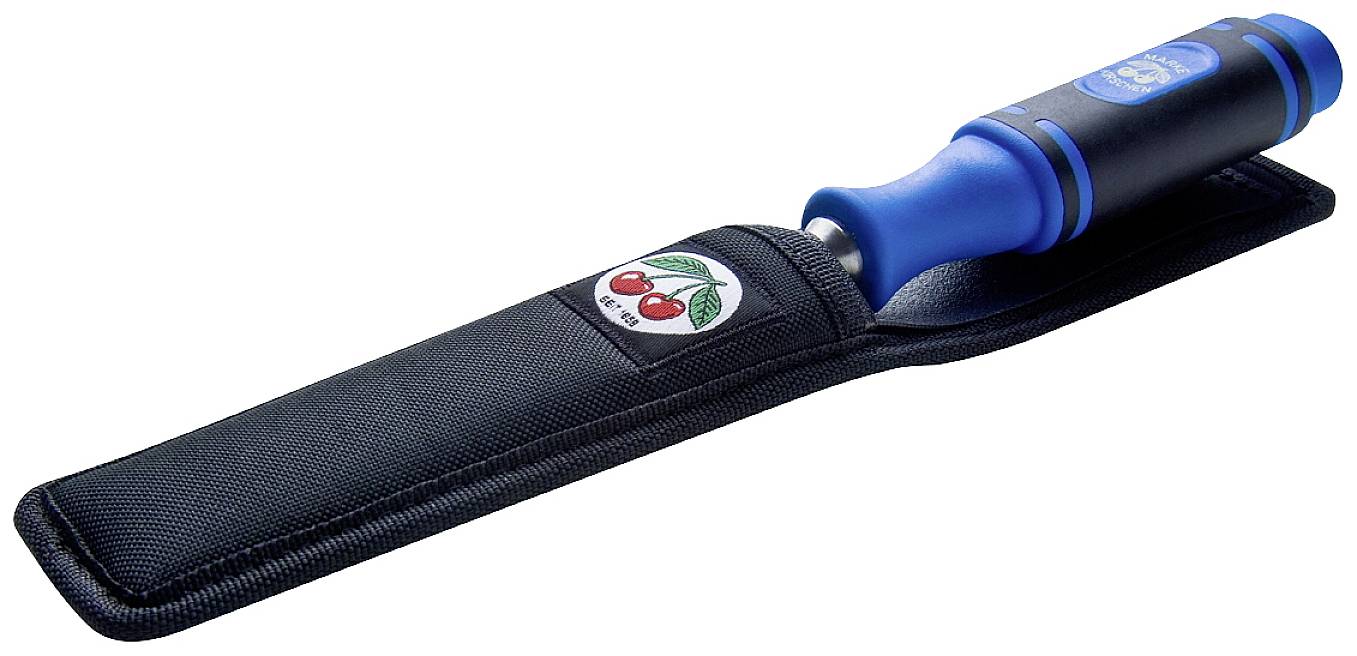 Runder Massagegriff mit blauer Gummikappe, abgelegt in einer schwarzen Tasche mit Kirschenlogo.