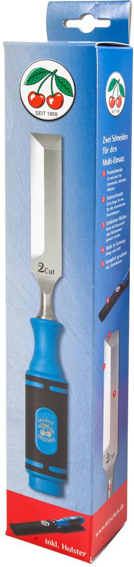 Holzmeißel-Verpackung mit blauem Griff und zwei Klingen. Aufgedrucktes Logo mit Kirschenbild. Enthält Holster.