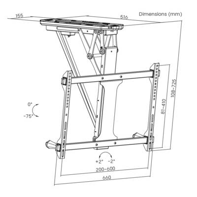 Verstellbare TV-Halterung mit Bewegungsbereich und Maßen: Breite 660 mm, Höhenverstellung 81-725 mm, Neigung 0° bis -75°.