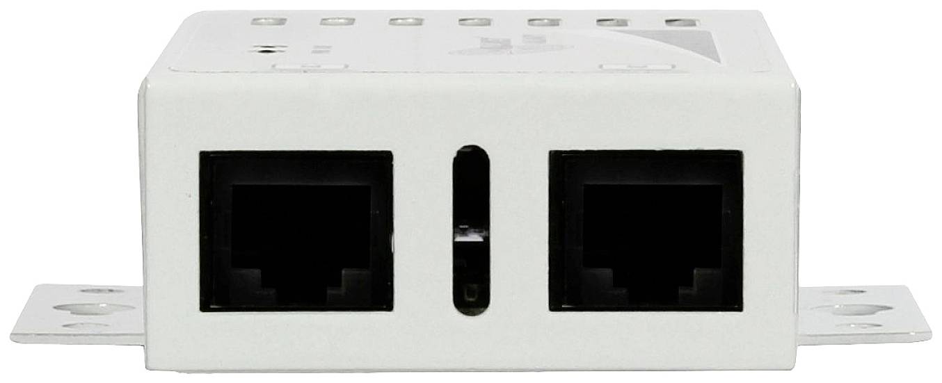 Metallgehäuse mit zwei Ethernet-Anschlüssen und Halterung zur Wandmontage. Geeignet für Netzwerkverbindungen in Industrieumgebungen.