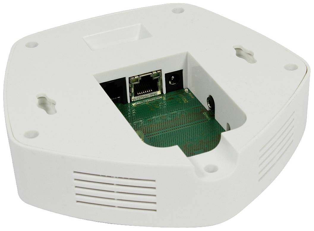 Ein weißes elektronisches Gerät mit mehreren Anschlussmöglichkeiten, darunter ein Ethernet-Port, Kabelanschluss und Stromversorgung.