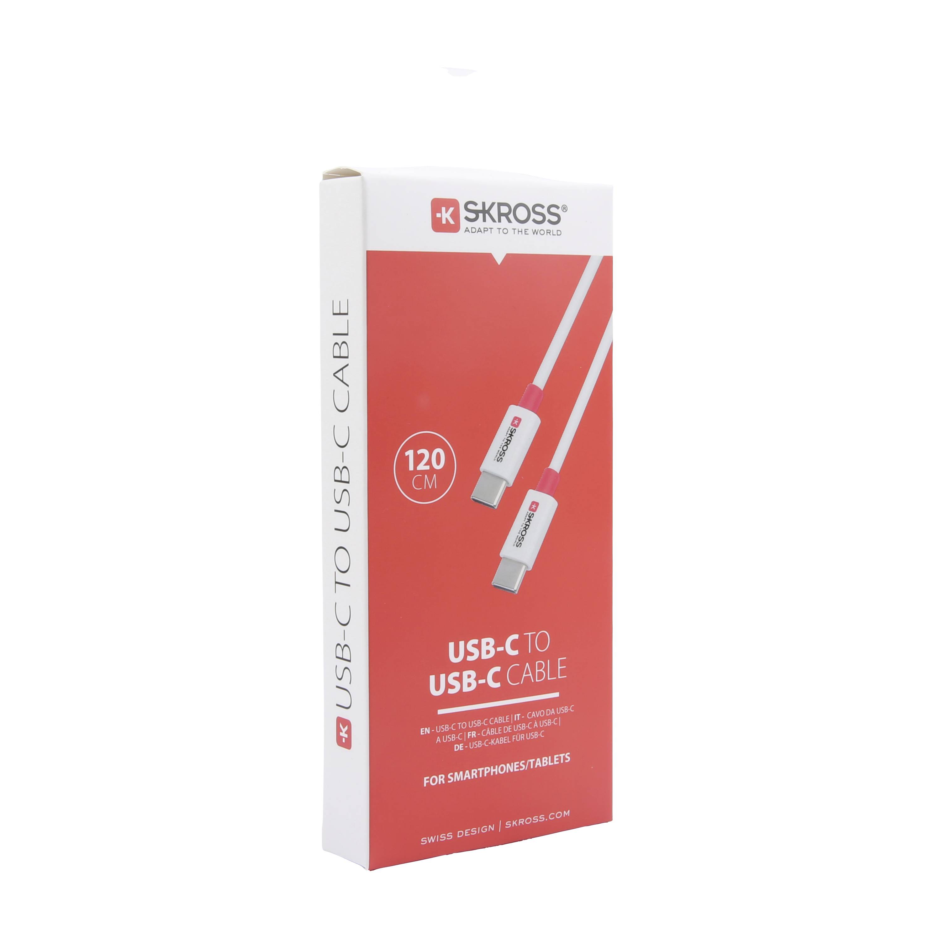 'USB-C zu USB-C Kabel, 120 cm, rot-weiß, geeignet für Smartphones/Tablet. Verpackung von Skross, Swiss Design.'