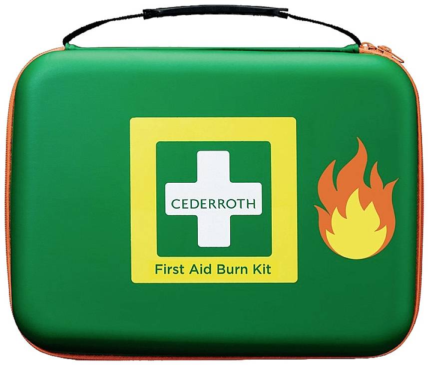 'CEDERROTH First Aid Burn Kit' in grünem Koffer. Ein Kreuz und Flammensymbol auf der Front. предназначен для Erste-Hilfe-Behandlung bei Verbrennungen.