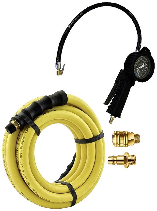 Schlauch und Druckmesser-Set zur Reifendruckkontrolle, gelber Spiralschlauch, schwarze Druckpistole, zwei goldene Adapter.