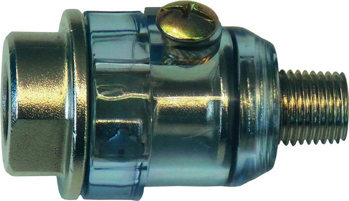 Ein verchromtes, zylinderförmiges mechanisches Bauteil mit Schraube oben, vermutlich Teil eines Wassertanks oder Schlauchs.