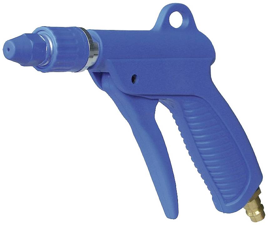Eine blaue Luftdruckpistole aus Kunststoff mit geriffeltem Griff und einer Düse an der Spitze. Sie hat einen Auslösehebel.