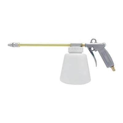 Eine Druckluftpistole mit einem weißen Behälter, einem langen goldenen Sprührohr und einem grauen Griff zur Reinigung oder Desinfektion.