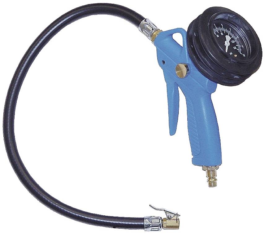 Blauer Reifendruckprüfer mit Schlauch und Manometer zur Messung des Reifendrucks.