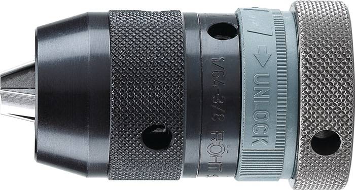 Metallbohrfutter mit geriffelter Oberfläche und gravierten Größenangaben, zeigt die 'UNLOCK'-Markierung für das Lösen des Futters.