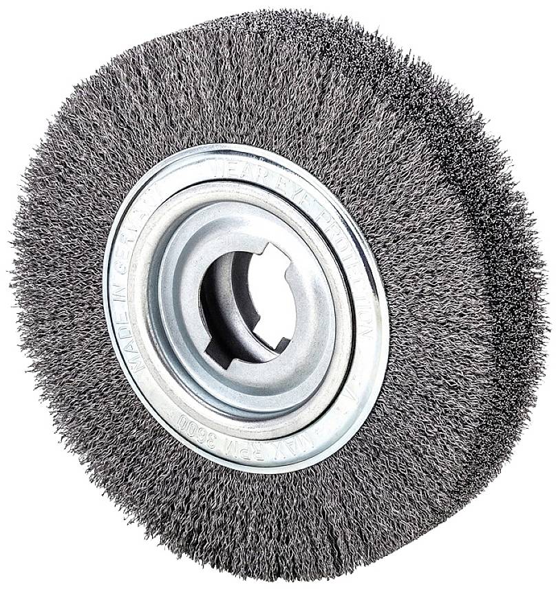 Runde Drahtbürste mit Metallborsten und zentralem Befestigungsloch, zur Reinigung oder zum Entrosten von Oberflächen.