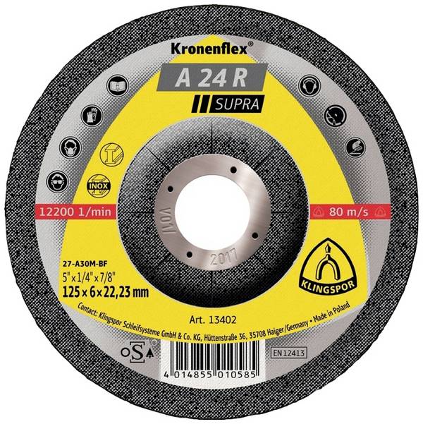 Klingspor 13402 A 24 R Supra Schruppscheibe gekröpft Durchmesser 125 mm Bohrungs-Ø 22.23 mm Stahl 10 St.
