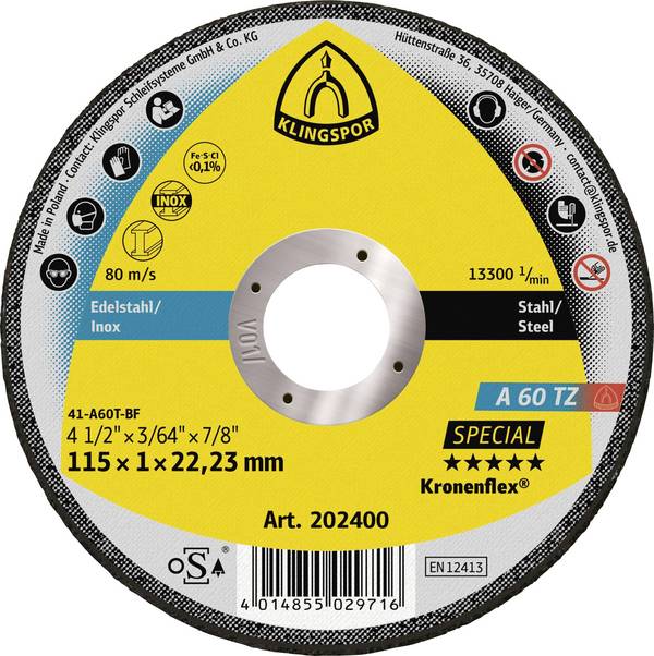 Klingspor A 60 TZ Special 202400 Trennscheibe gerade 115 mm 25 St. Edelstahl, Stahl