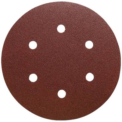 Ein runder Schleifpapier-Disc mit sechs Löchern, braune körnige Oberfläche. Geeignet für Schleifarbeiten auf verschiedenen Materialien.