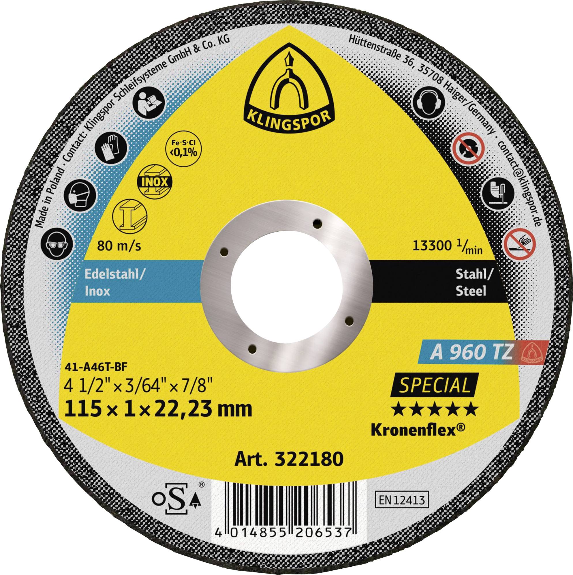 Produktetikett auf einer Schneidscheibe für Metall/Edelstahl, zeigt das Klingspor-Logo, 'A 960 TZ SPECIAL', Größe 115 x 1 x 22,23 mm und 13300 1/min.