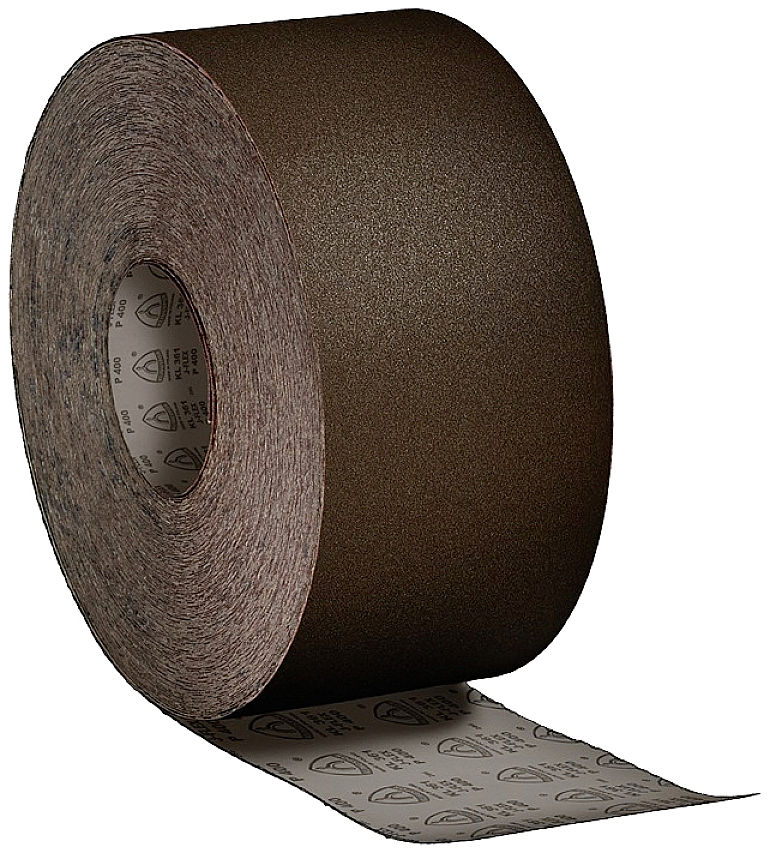 Eine große Rolle Sandpapier mit dunkelbrauner Schleiffläche und einer offenen, abgerollten Schicht, die das grobe Texturmuster zeigt.