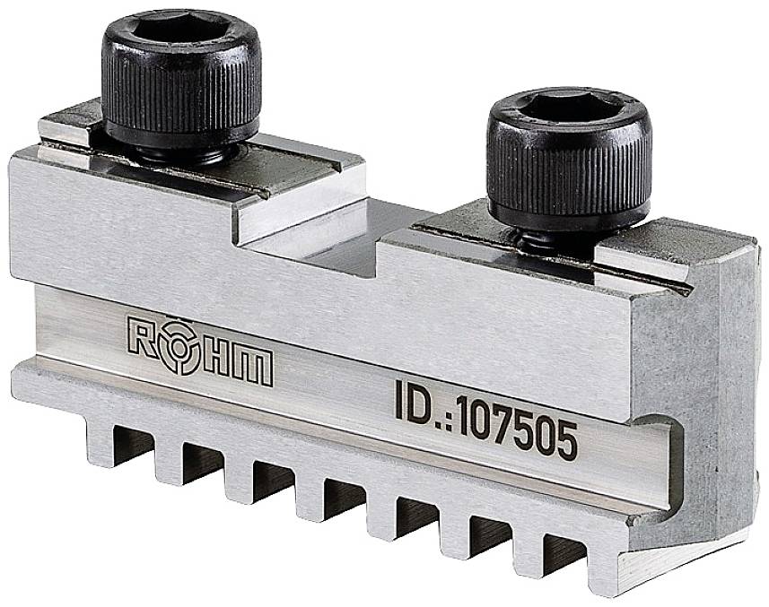 Metallischer Maschinenteil mit zwei Schrauben, Herstellerlogo 'RÖHM' und ID-Nummer: 107505.
