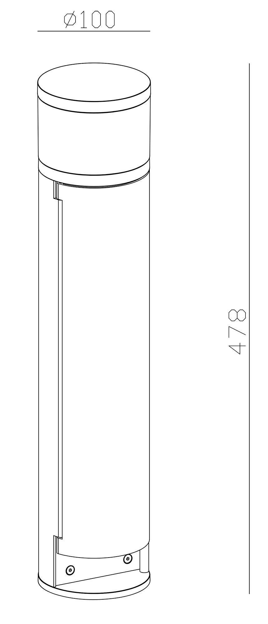 Ein technisches Diagramm zeigt eine zylindrische Säule mit den Maßen: Durchmesser 100 mm und Höhe 478 mm.