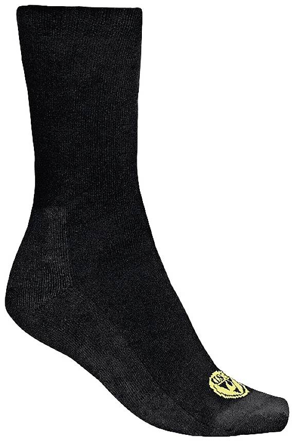 Schwarze Strumpf mit gelbem Logo an der Seite, schlichtes Design, knöchelhoch, aus weichem Material, geeignet für Alltag und Sport.