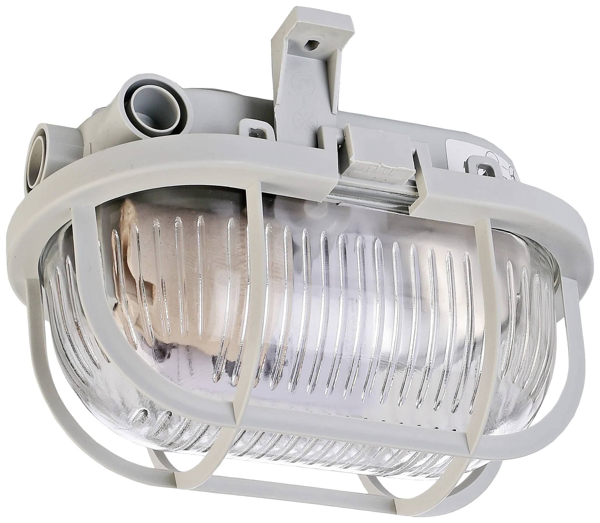 Eine ovale, industriell anmutende Deckenleuchte mit Metallgehäuse und Glasabdeckung, geeignet für robuste Umgebungen.