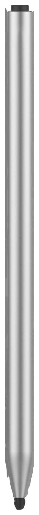 Silberfarbener Stift mit schlankem Design und schwarzer Spitze, vertikal dargestellt.