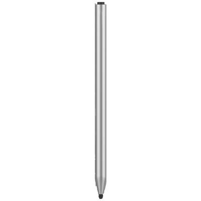 Silberfarbener Stift mit schlankem Design und schwarzer Spitze, vertikal dargestellt.
