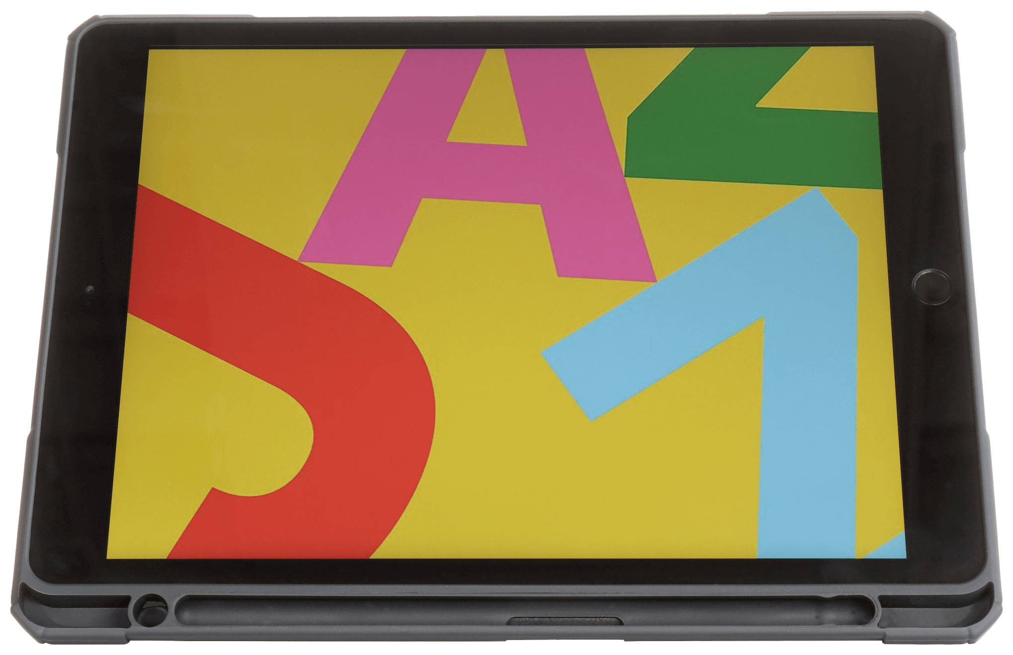 Ein Tablet mit einem farbenfrohen Bildschirmschoner, zeigt Buchstaben und Zahlen in verschiedenen leuchtenden Farben auf gelbem Hintergrund.