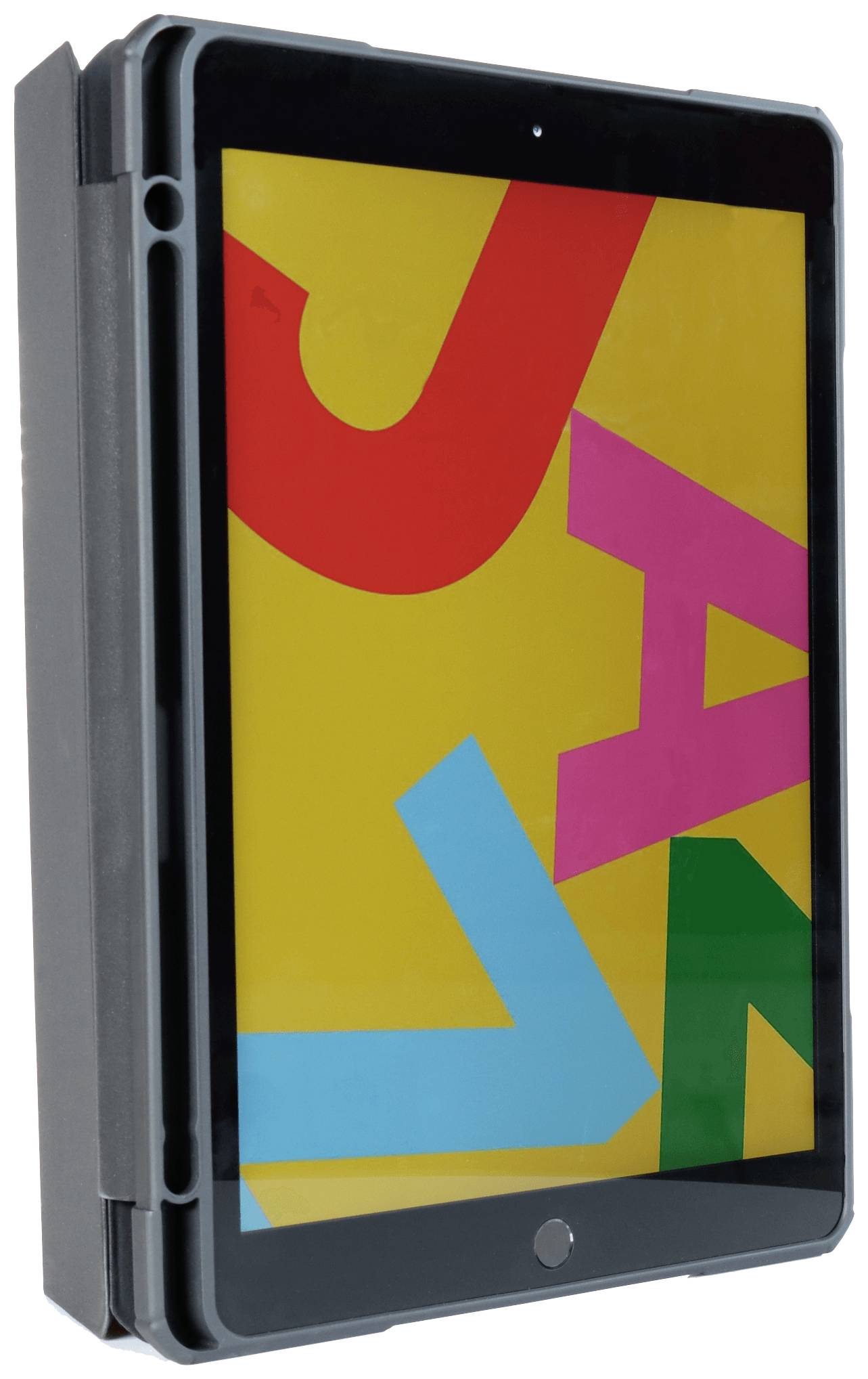 Ein Tablet mit einer bunten, abstrakten Grafik aus roten, pinken, blauen und grünen Buchstaben auf einem gelben Hintergrund.