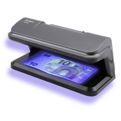Ein UV-Scheinprüfer überprüft einen 10-Euro-Schein auf Echtheit. Der Schein leuchtet blau unter ultraviolettem Licht.