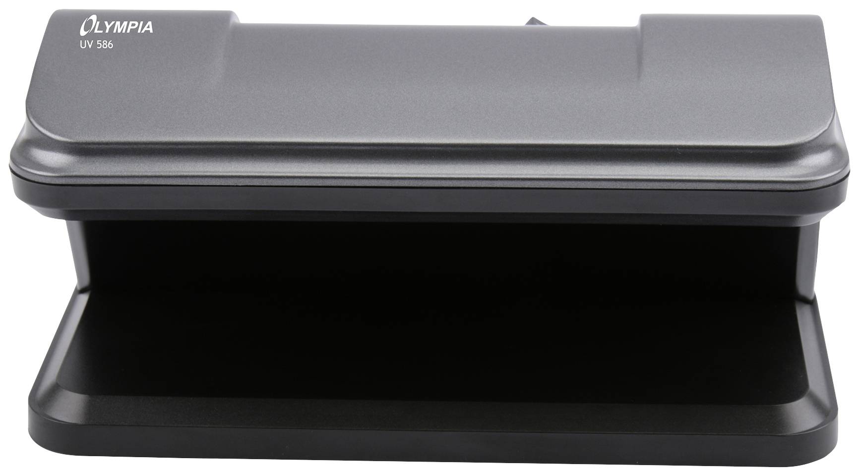 Ein schwarzes Gerät namens 'Olympia UV 586', wahrscheinlich ein UV-Scanner oder -Prüfer, auf weißem Hintergrund.