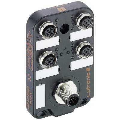 Ein schwarzer Verteilerblock mit M12-Anschlüssen und orangefarbenem Text 'Lutronic' auf der Seite. Verwendet für industrielle Verbindungen.