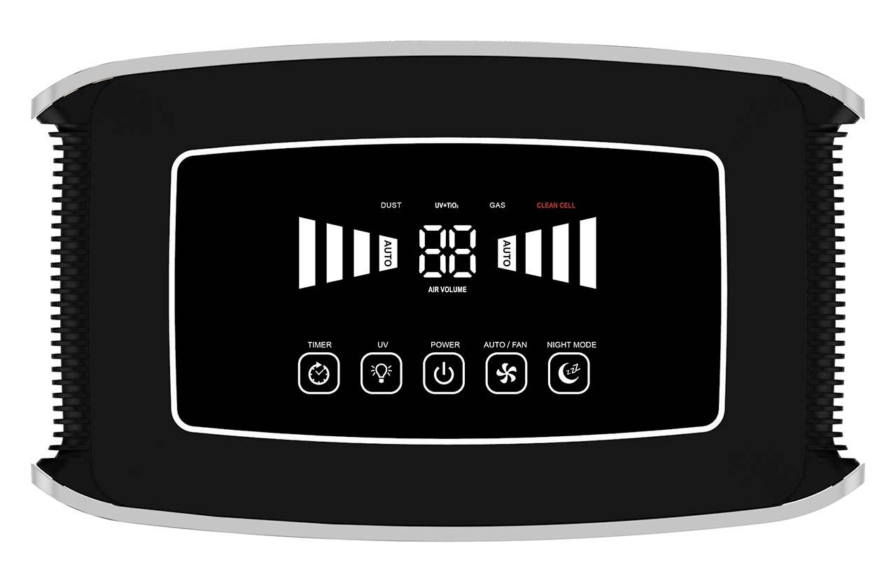 'Schwarzes Bedienelement eines Luftreinigers, zeigt Luftvolumenanzeige mittig, Tasten für Timer, UV, Power, Auto/Ventilator und Nachtmodus.'