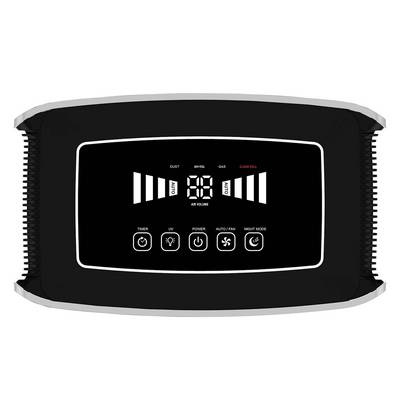 Luftreiniger in Nahaufnahme. Das Display zeigt 'Air Volume' und Symbole für Timer, UV, Power, Auto/Manuell und Nachtmodus.