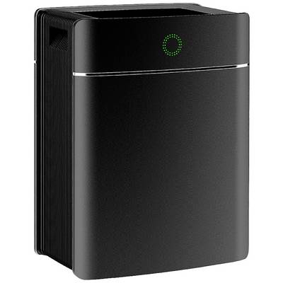 Schwarzer, rechteckiger Luftreiniger mit grüner LED-Anzeige oben. Modernes Design mit Lüftungsschlitzen an den Seiten.