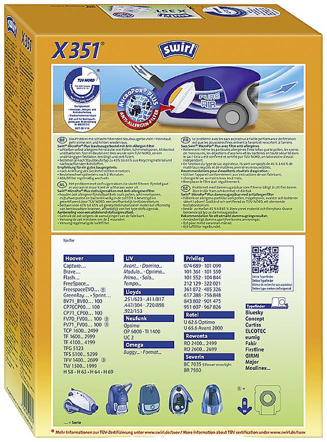 Ein orangefarbener Staubsaugerbeutel-Verpackungskarton der Marke Swirl. Enthält Tabelle mit Kompatibilitätsinformationen für verschiedene Staubsaugermodelle.