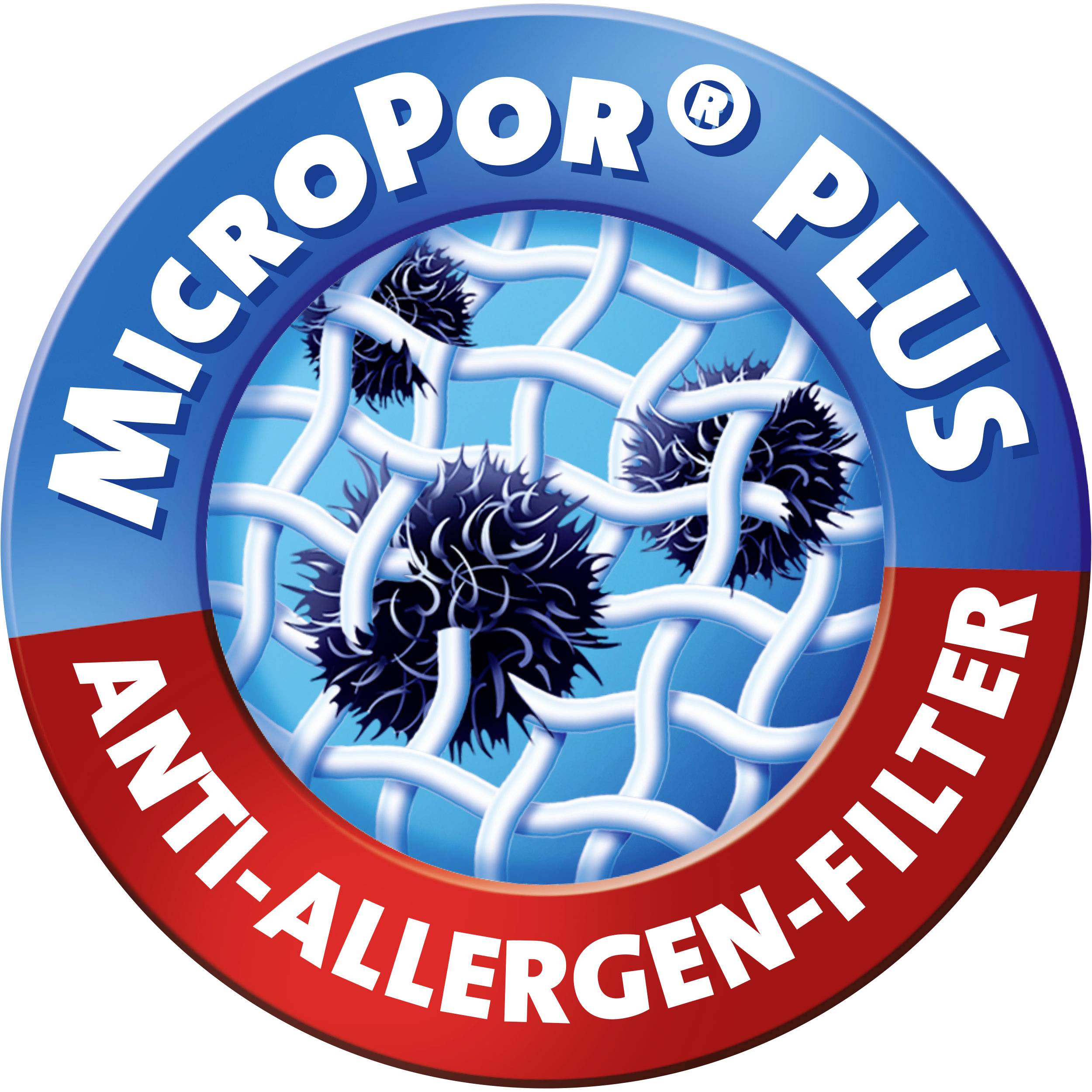 'MicroPor PLUS Anti-Allergen-Filter.' Zeigt blauen Hintergrund mit Filterstruktur und allergieauslösenden Partikeln dargestellt.
